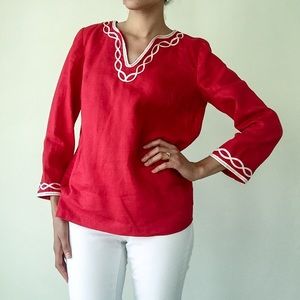 Talbots Red Linen White Ribbon Tunic Top